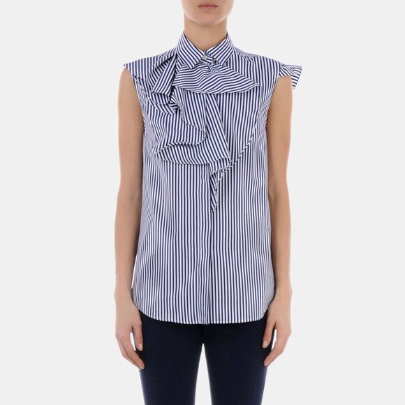 Jil Sander Aghata Dark Blue Cotton Striped Drape Blouse - Picture 1 of 11